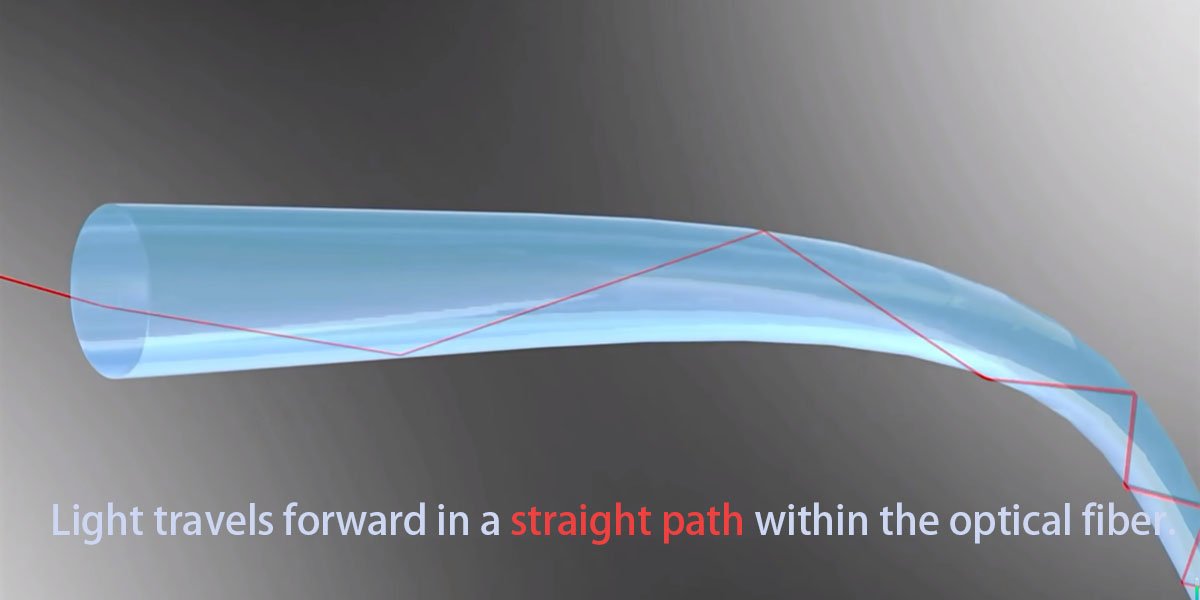 light travels forward in a straight path within the optical fiber